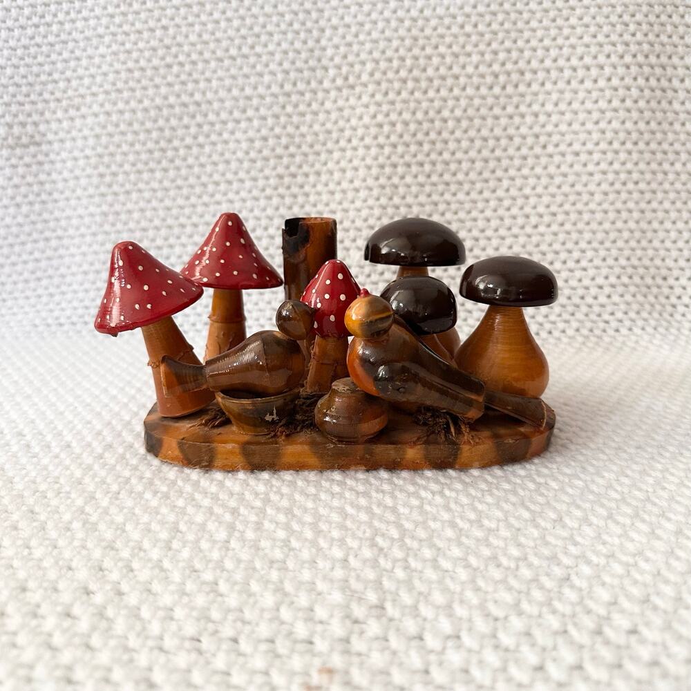 Brown Wooden Folk Art 70s Handmade Mushroom Birds Hand Carved Sculpture Kitsch